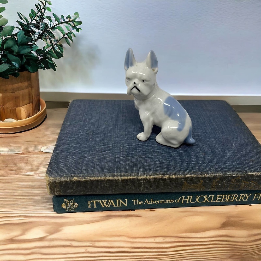 Vintage French Bulldog Porcelain Figurine Made in Japan White Blue Accents